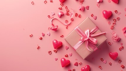 Pink gift box with celebratory hearts on a pink background, Ai Generated