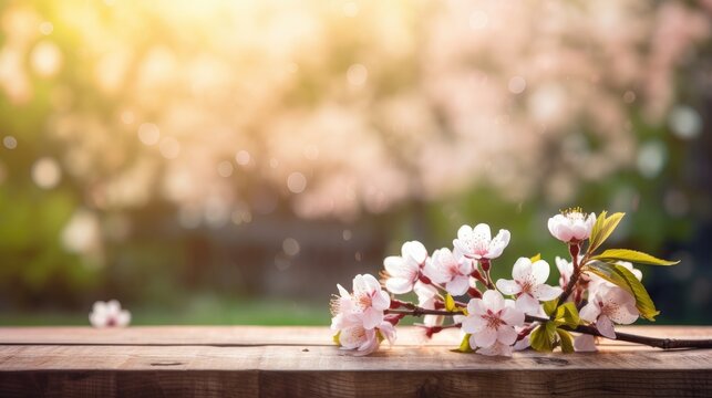 Flowers arrayed on a wooden table in a verdant garden, with blurred bokeh lights and a flare effect, Ai Generated