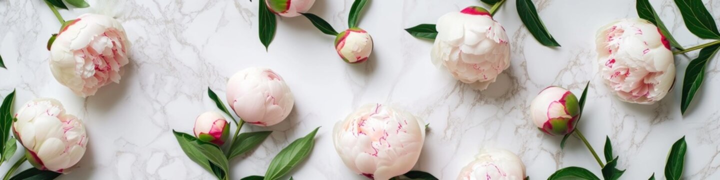A bunch of white and pink peones on a marble surface