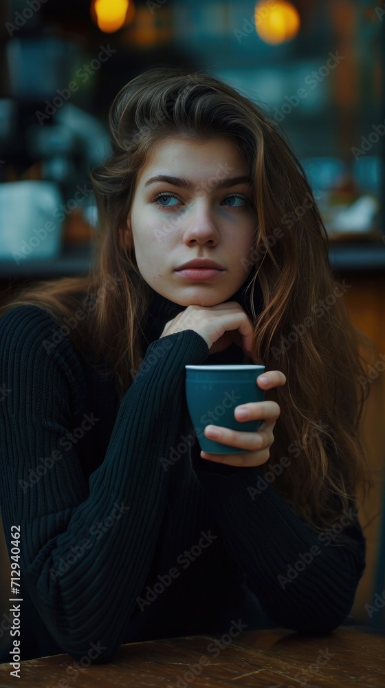 Sticker A woman sitting at a table holding a cup