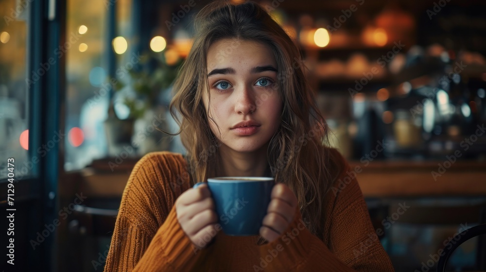 Sticker A woman sitting at a table with a cup of coffee