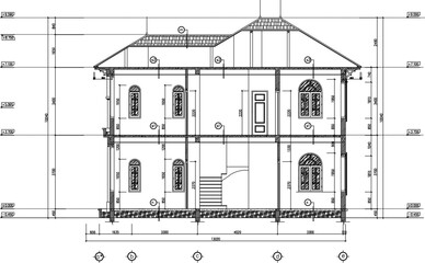 Vector sketch, illustration, design, architectural engineering drawing, section of a classic vintage Mediterranean colonial old house building