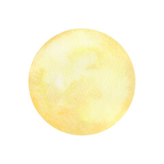 Yellow full moon. Watercolor illustration of the full moon, hand-drawn. A satellite of the earth, an isolated planet on a white background. a decorative element for design and decoration.