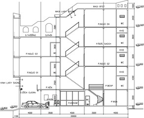 Vector sketch illustration of a simple hotel building section view engineering design drawing