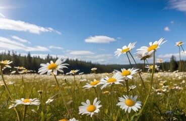 Natural chamomile flowers and greenery in meadow spring or summer colorful panoramic landscape with many wildflowers with sunshine. 