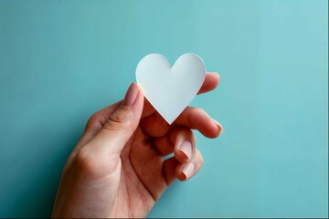 Hand Holding White Heart Cutout on Turquoise Background