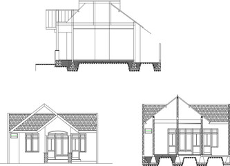 Vector sketch illustration of a simple house view engineering design drawing in a residential area