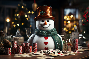 View of a cartoon snowman playing cards on a poker board