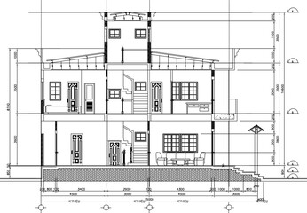 Vector sketch illustration of a section view engineering design drawing for a multi-storey house