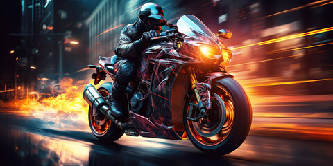 racer biker motorcyclist in helmet rides a sports motorcycle on road in a city race at night....