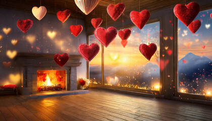 Red hearts hang from the ceiling, filling the room with love and joy. Valentine's hearts gracefully enter an empty space, accompanied by a cozy fireplace and romantic lights, symbolizing love - obrazy, fototapety, plakaty
