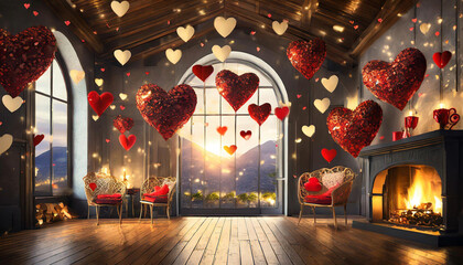 Obraz premium A romantic room adorned with red hearts hanging from the ceiling, symbolizing love, happiness, and faith in the heart for lovers.