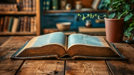 Open book lying on a rustic wooden table, with a cozy background.