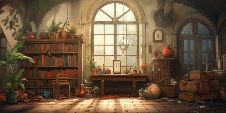 Illustration of an aged indoor setting, creatively painted.
