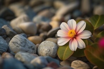 Fototapeta na wymiar Beautiful flower amid smooth stones in serene garden. Generative AI