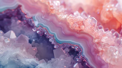 Fotobehang Macro close-up of natural geode crystal gemstone mineral rock formation, pink, purple, amethyst, rose quartz, agate, background image, room for copy space © Laura Bingham