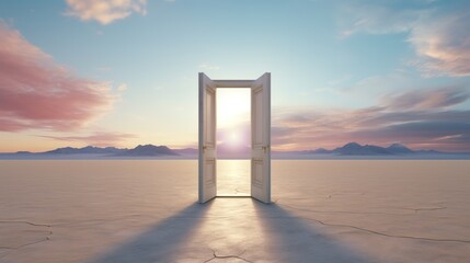 Opened Door on Desert. New, Journey, Adventure, Start, Begin, Life, Change, Path

