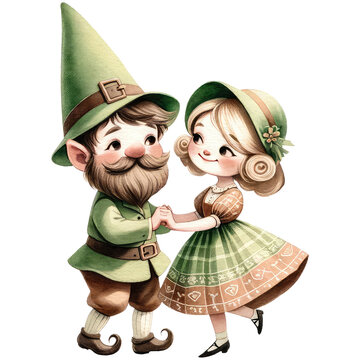 Cute Watercolor Gnome Couple Irish Jig, St. Patrick's Day Festive Cartoon Art