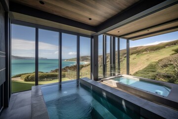 Contemporary coastal home with endless pool and stunning view. Artwork. Generative AI