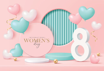 Women's day banner for product demonstration. Green pedestal or podium with heart-shaped balloons on pink background.