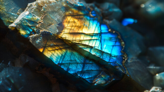 Macro closeup of natural raw labradorite crystal gemstone rock formation with color flashes, blue, green, gold, background image, room for copy space