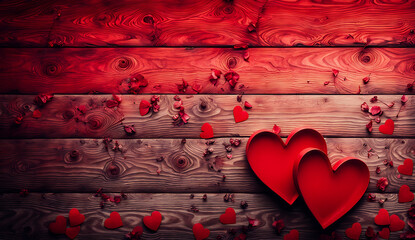 valentines wooden background , beautiful wooden background with copy space , red hearts background