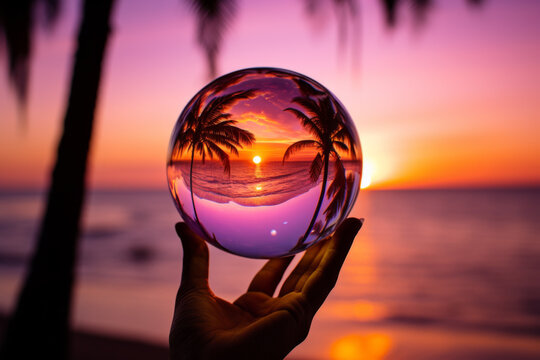 sunset creative photography on beach with crystal ball with reflections