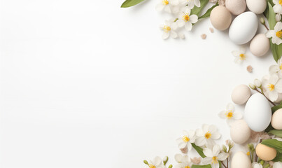 Festive Easter background. Composition with blank greeting card, Easter eggs and flowers on light background. Easter cozy minimal empty template for text. Flat lay, place for text. 