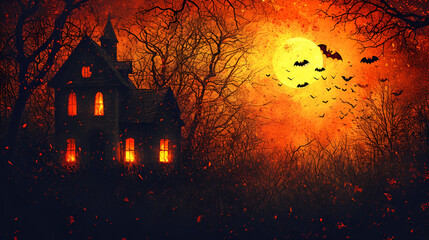 Fototapeta na wymiar A haunted house with bats and spiders. Halloween background, generative ai