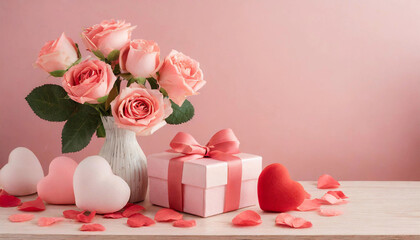 Valentine's Day concept with pink roses, gift boxes, and paper hearts on a pink background.