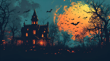 A haunted house with bats and spiders. Halloween background, generative ai