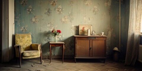 Soviet-era interior in Leningrad apartment. Old furniture, worn floor, aged wallpaper. Home of elderly residents.