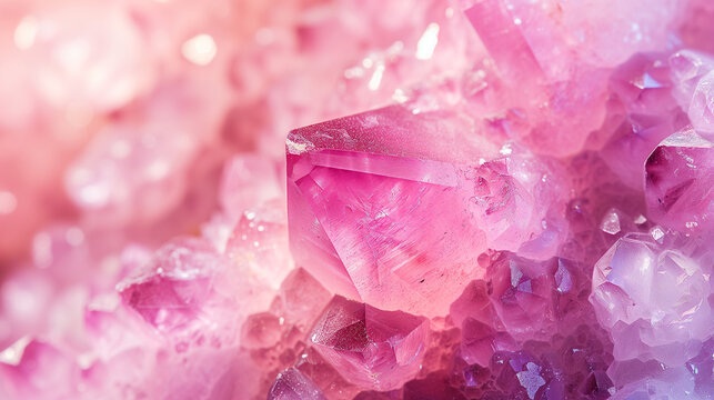 Macro closeup of natural raw pink rose quartz crystal gemstone rock formation, background image, room for copy space