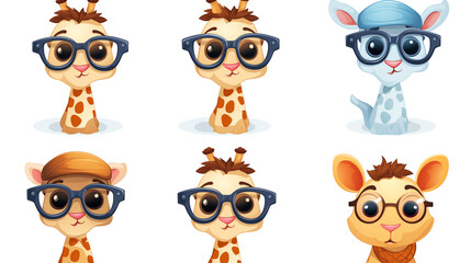 A collection of portraits of cute giraffes in glasses, scarf, with a hat. Illustration isolated on white background. Set of different giraffes for your design with copy space.