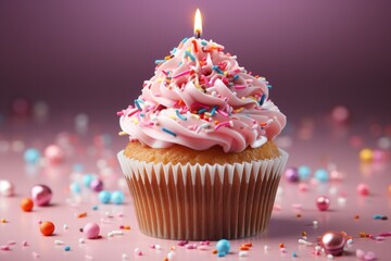 Sparkling Birthday Cupcake with Rainbow Sprinkles, on an isolated Celebration Pink background, Generative AI
