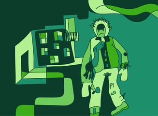 Vector illustration of a man in the city on a blue background. Human walking in the night city. Nightlife idea. Vector line drawing of cityscape with a character in Winter Jacket and winter shoes.