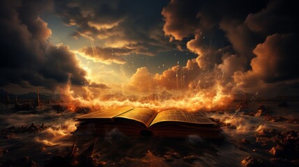 Naklejka premium A bible opened with light coming out of it that shines up into the sky, realism