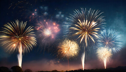 Image illustration of a fireworks display. Multiple bright fireworks shooting up into the night sky.