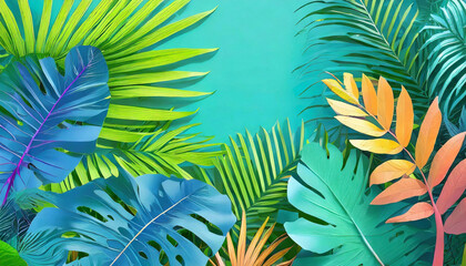 Fototapeta na wymiar Lively tropical leaves on blue; border of vibrant foliage on white with copyspace, minimalistic nature concept, top view.