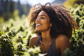 happy black woman smiles on farm field plantation with marijuana bushes - obrazy, fototapety, plakaty