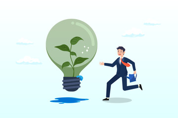 Smart businessman watering seedling sprout growing inside green lightbulb idea, ecology and sustainable business, green idea or protection against world climate change, environmental care (Vector)