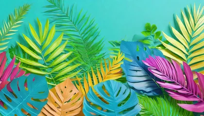 Fotobehang Transport yourself to a tropical oasis with this stunning image of vibrant leaves on a blue backdrop. A top view mock-up with copyspace, allowing you to personalize it with your own text © Logo
