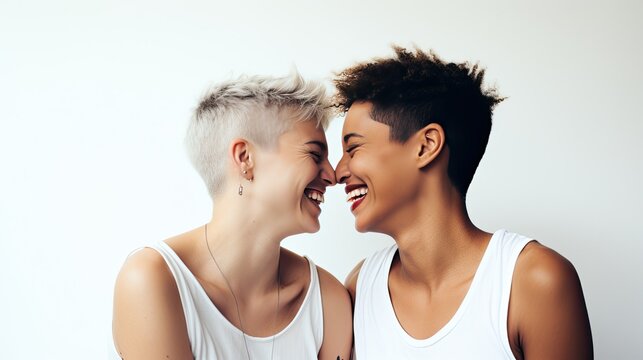 Fototapeta LGBTQ - Female homosexual couple love happiness concept. Homosexual women hugging and enjoying time together in isolated white background. Radiating happiness.