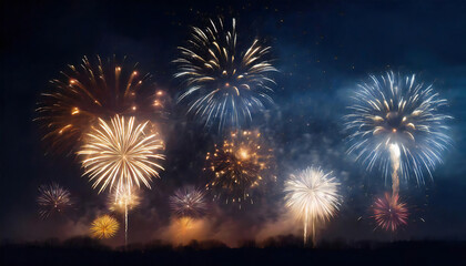 花火大会のイメージイラスト。夜空に打ちあがる複数の鮮やかな打上花火。Image illustration of a fireworks display. Multiple bright fireworks shooting up into the night sky.