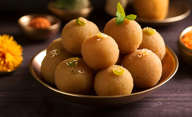 Indian sweet dish laddu kept in a plate.