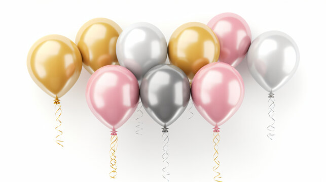 3d render illustration of realistic glossy pink gold and silver balloons