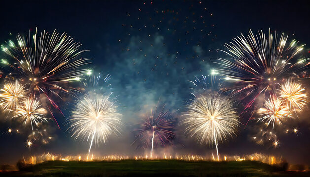 花火大会のイメージイラスト。夜空に打ちあがる複数の鮮やかな打上花火。Image illustration of a fireworks display. Multiple bright fireworks shooting up into the night sky.