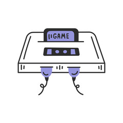 Vintage video game console with cartridge. Retro electronic device with buttons and wire. Outline vector illustration in doodle style © Marina