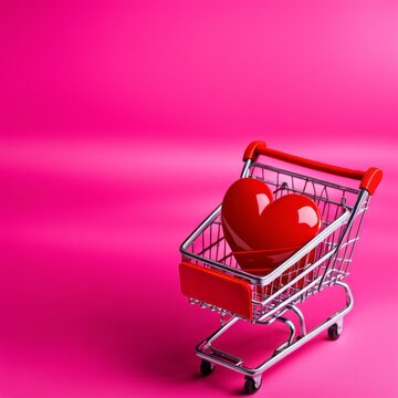 Shopping cart with red heart on pink background