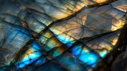Macro closeup of labradorite gemstone crystal rock formation, color flash, background image, room for copy space - obrazy, fototapety, plakaty